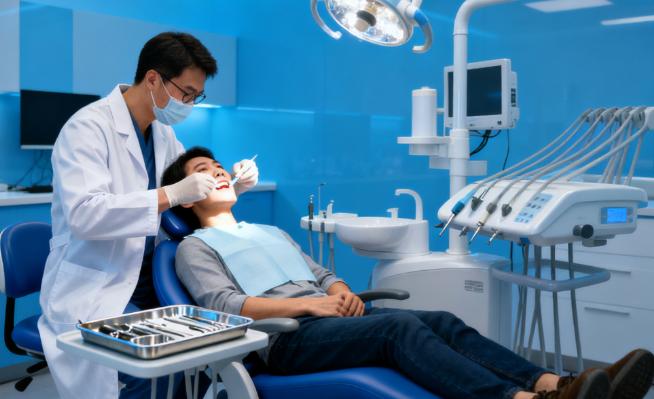 Dentista atendiendo a una paciente en una consulta dental
